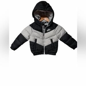 Nike Black and Gray Kids Hooded Chevron Puffer Jacket